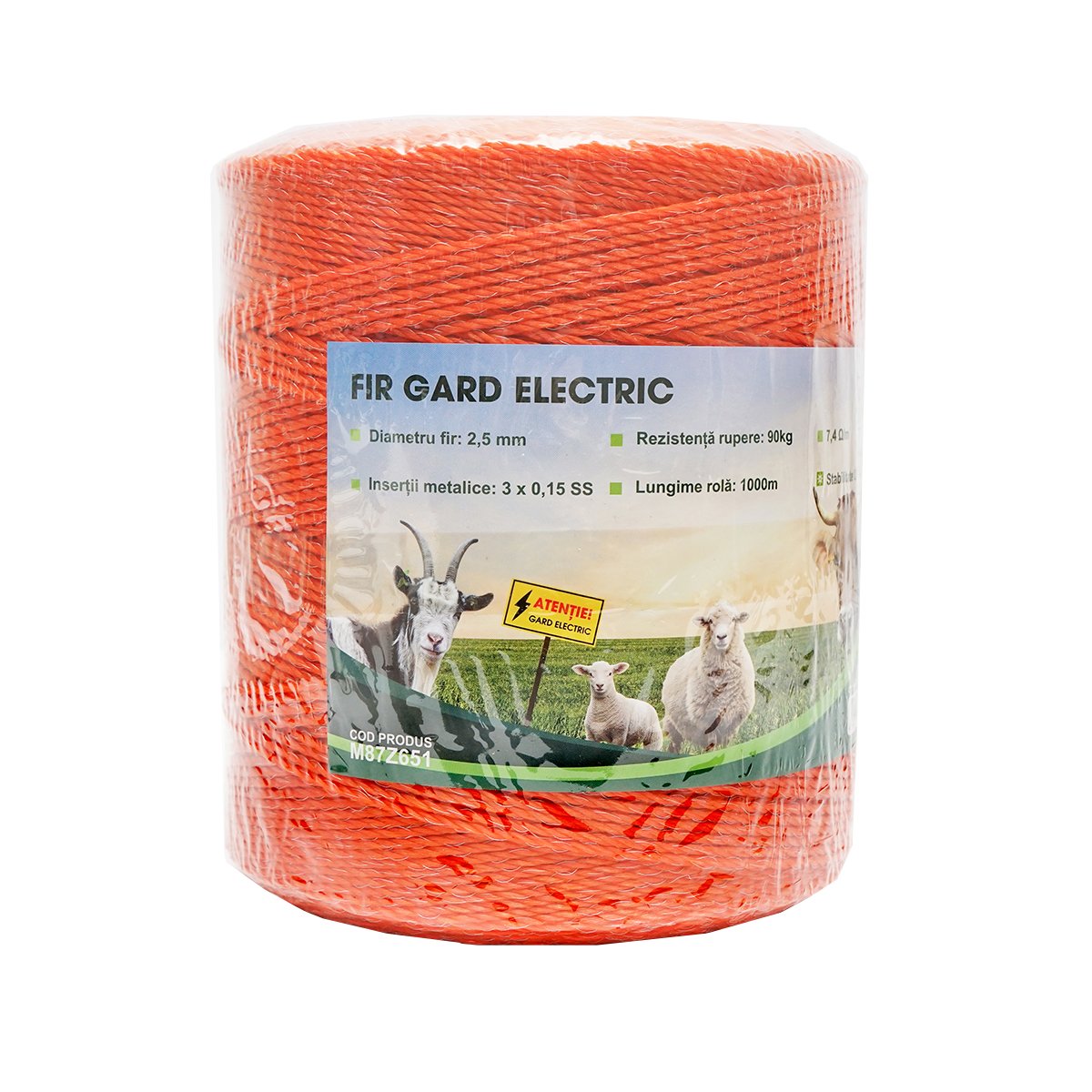 Rola fir portocaliu fi 2.5mm insertie metalica 3x0.15mm SS, rezistenta 7.4 Ohm/m, 1000m gard electric Mezofarm